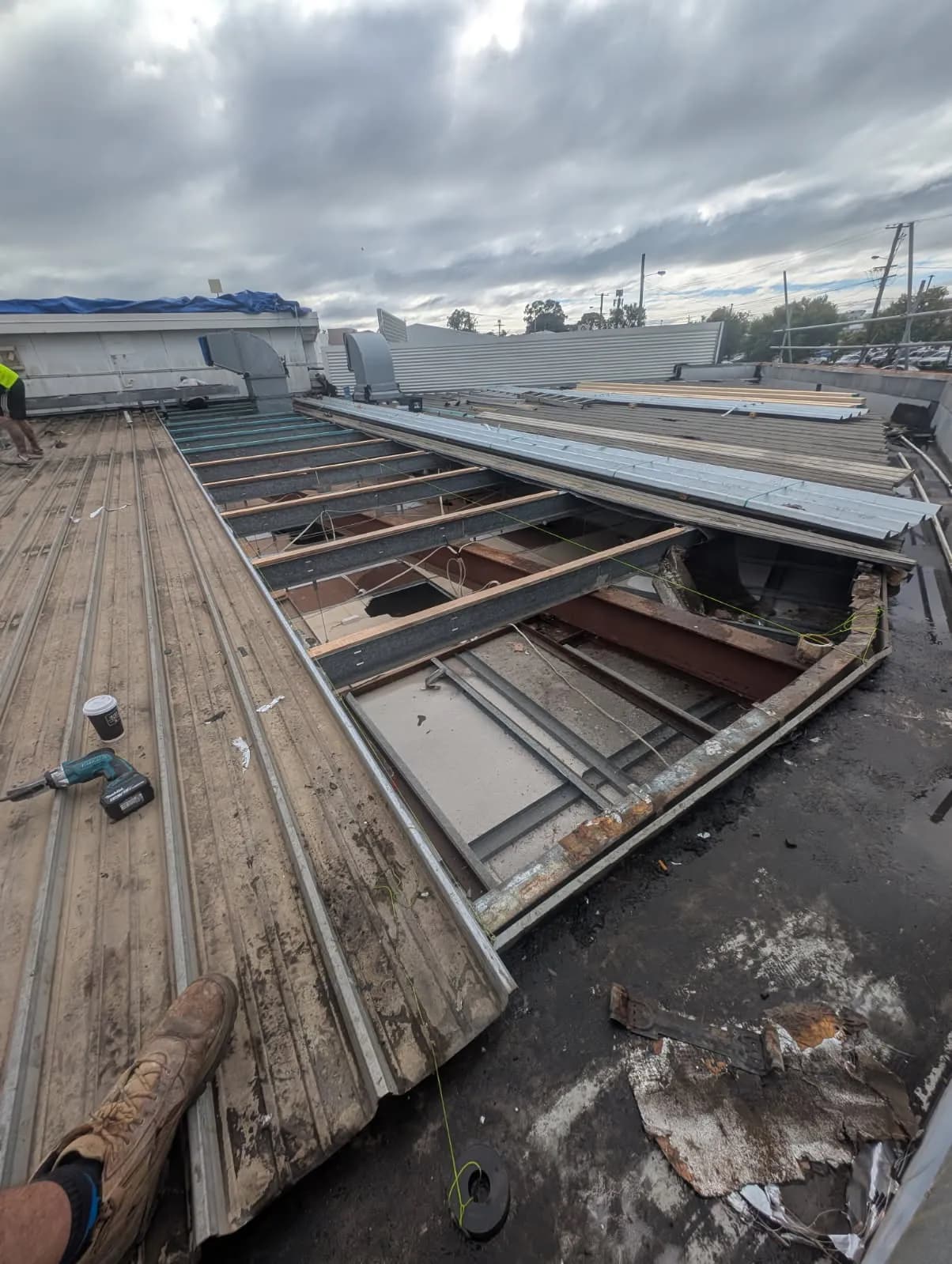 Timber diminishing furring set to achieve the roof fall at the Kippa-Ring car showroom