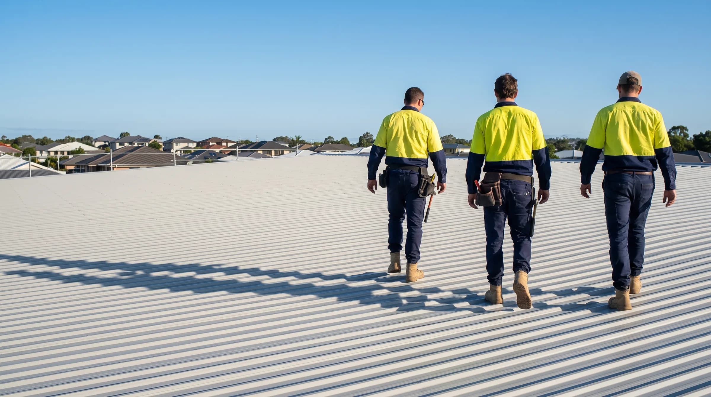 A roofing crew crossing a newly laid metal roof at the start of the day