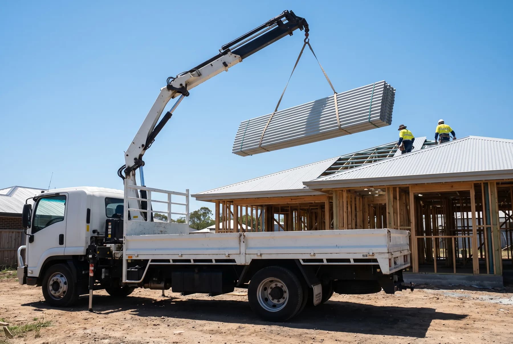A truck-mounted crane lifting a bundle of steel roofing sheets to a roof line