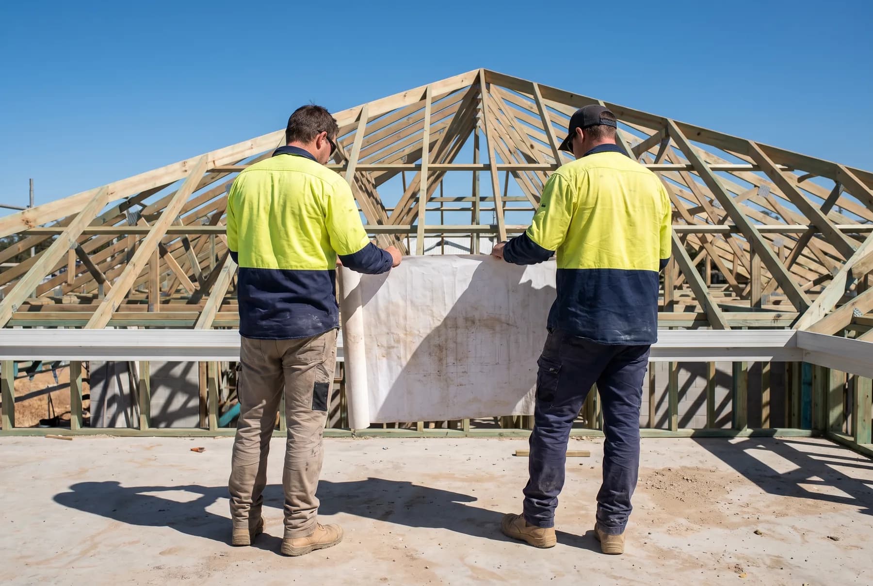 Two roofers on site checking a steel sheet before it goes up
