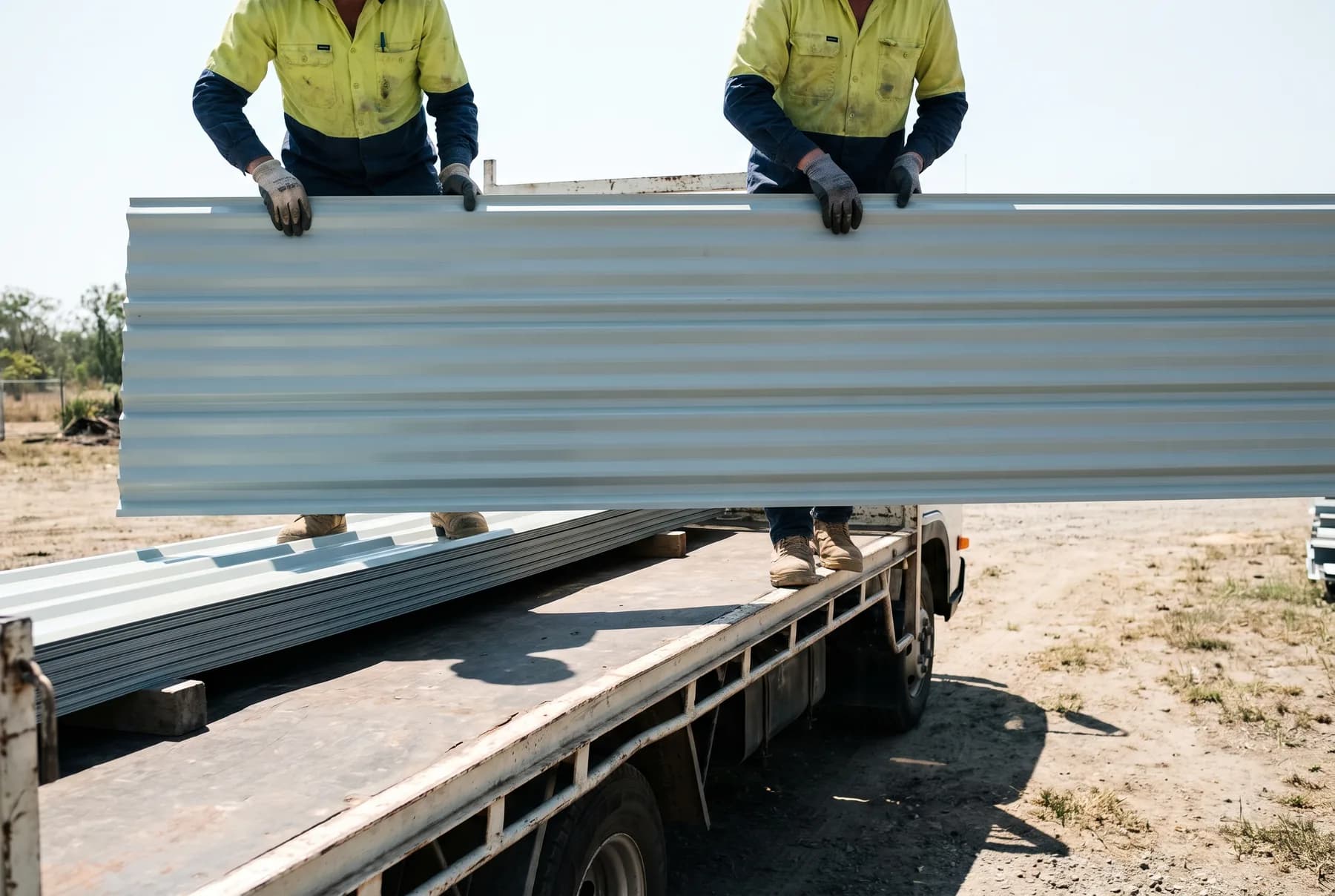 Two workers lifting a length of steel roof sheeting off a truck